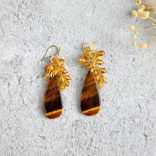 Tiger Eye with Clusters of Citrine Gemstone Earrings