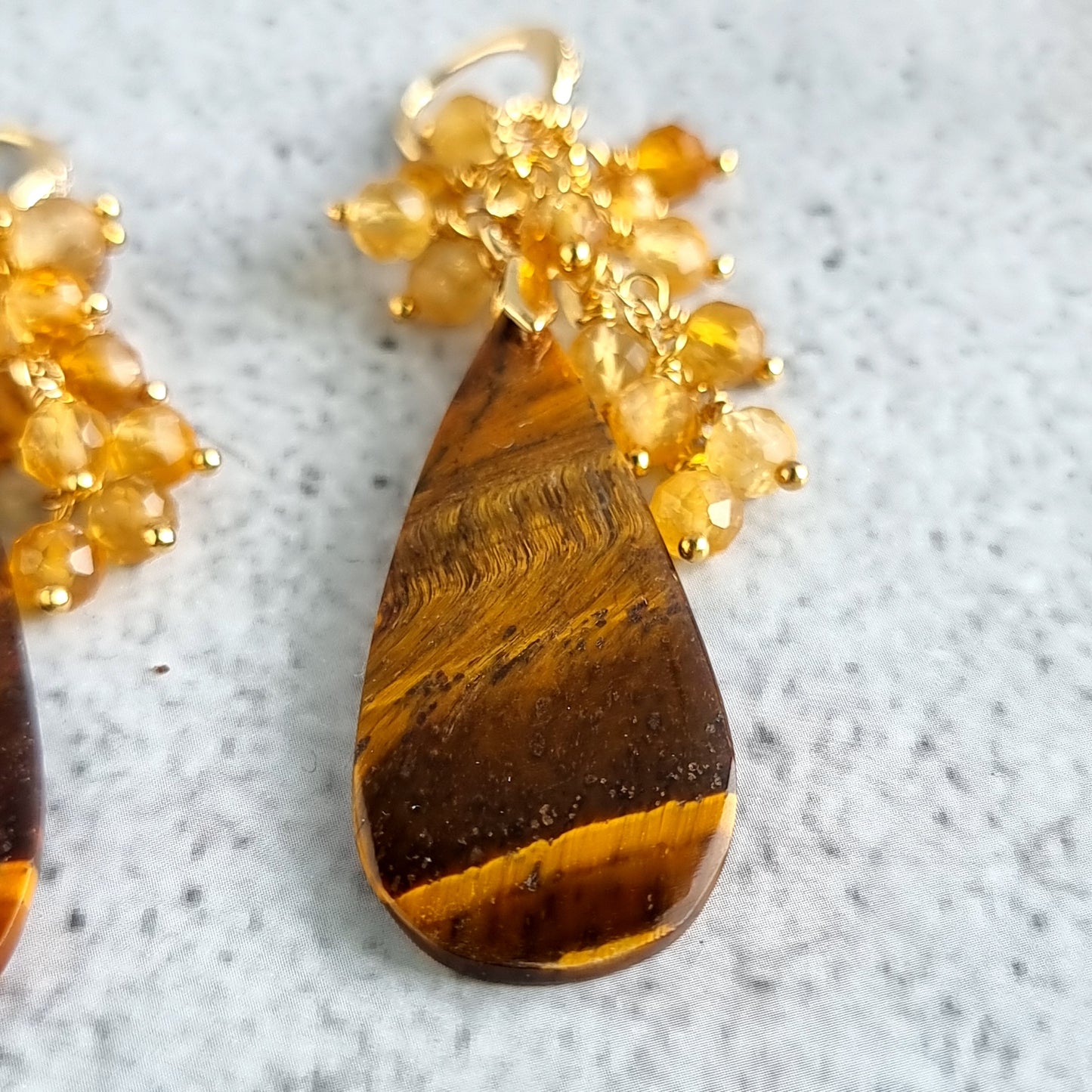 Tiger Eye with Clusters of Citrine Gemstone Earrings