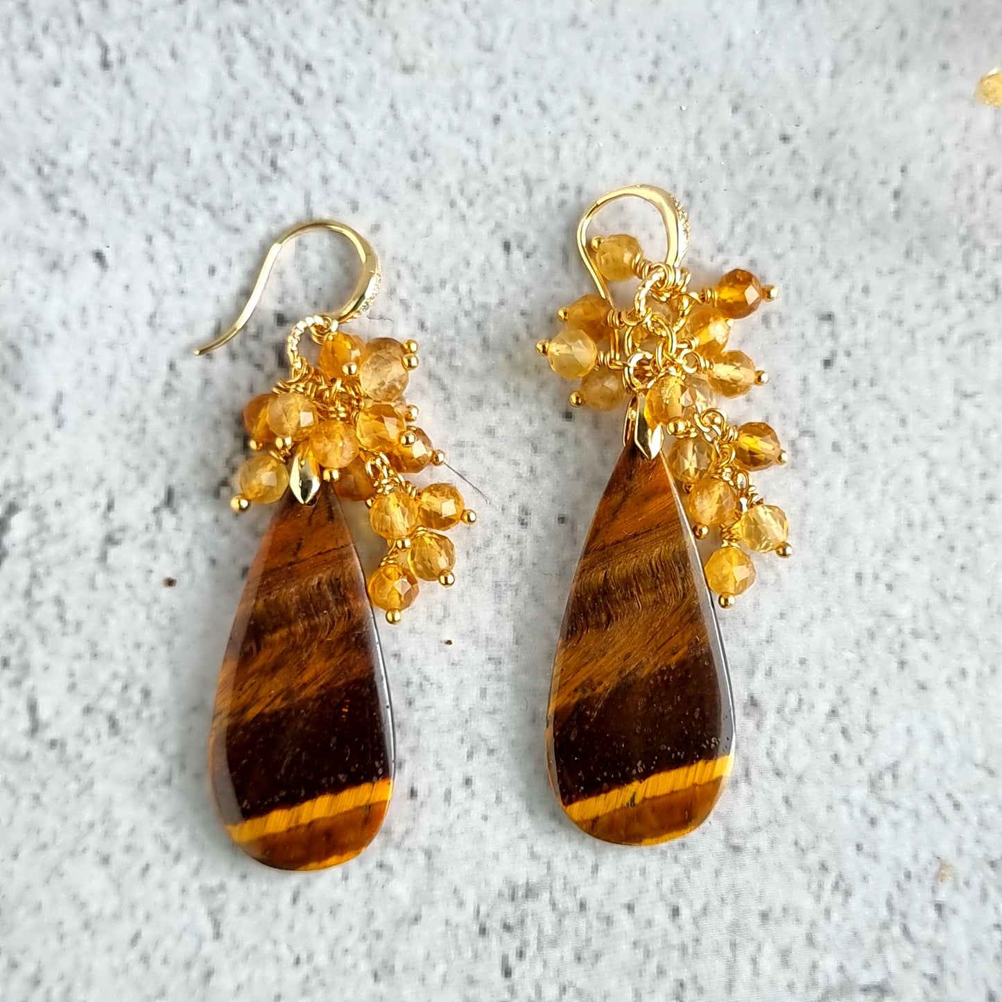 Tiger Eye with Clusters of Citrine Gemstone Earrings