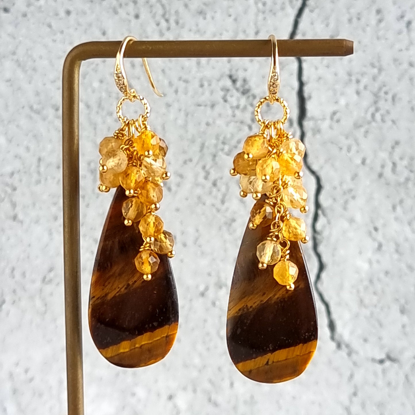 Tiger Eye with Clusters of Citrine Gemstone Earrings