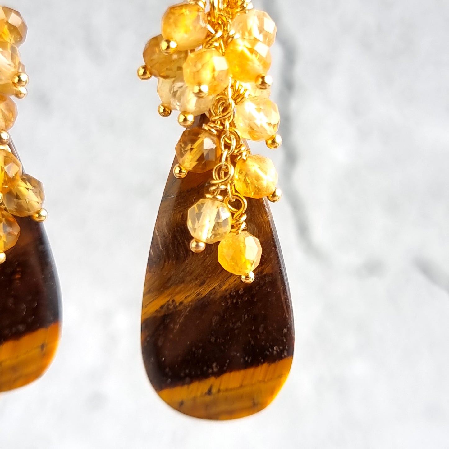 Tiger Eye with Clusters of Citrine Gemstone Earrings