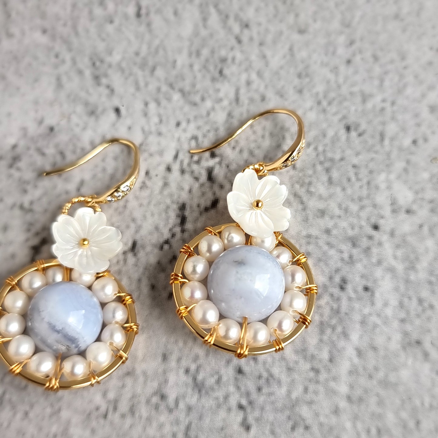 Fresh Water Pearl wrap around Blue Lace Gemstone with Mother of Pearl Flower Earrings