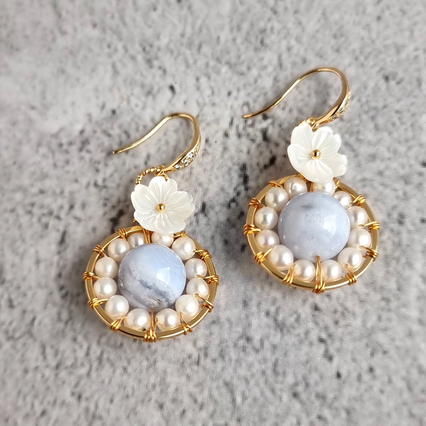 Fresh Water Pearl wrap around Blue Lace Gemstone with Mother of Pearl Flower Earrings