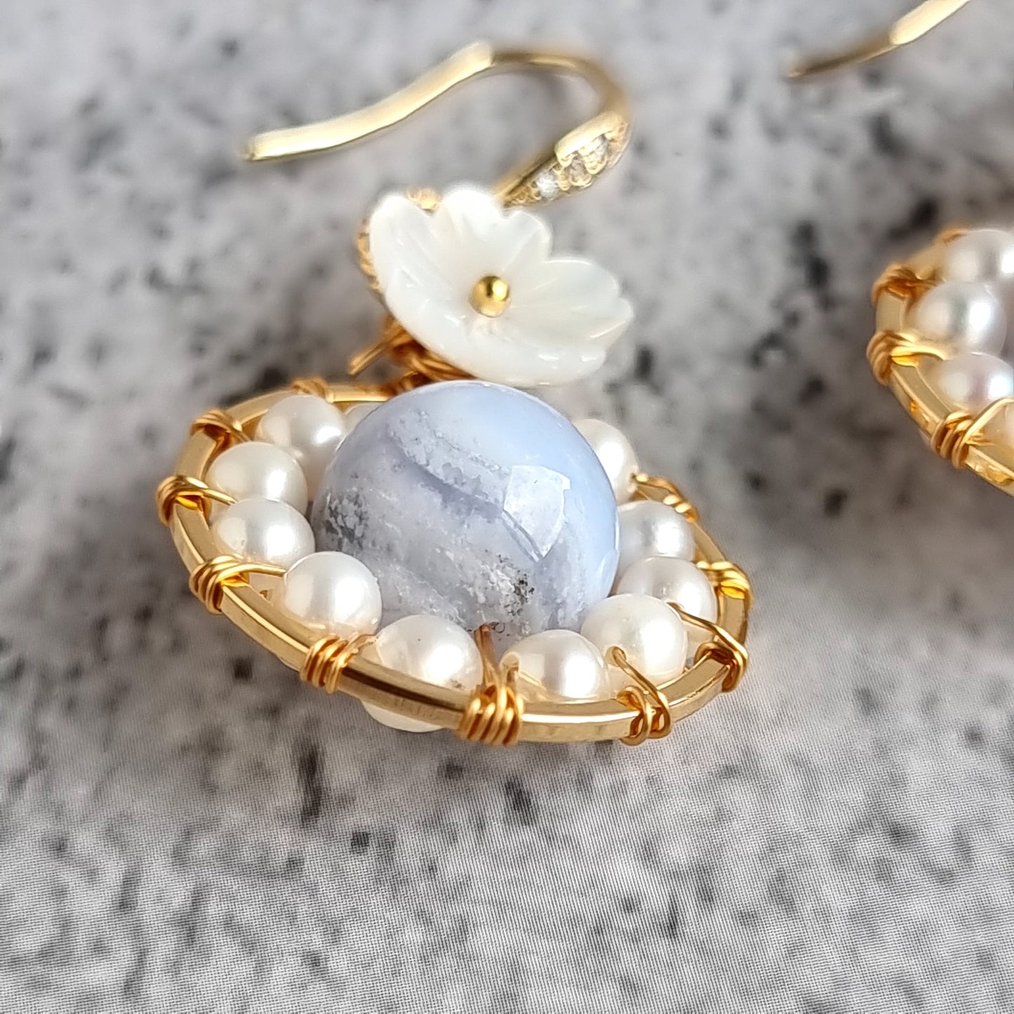 Fresh Water Pearl wrap around Blue Lace Gemstone with Mother of Pearl Flower Earrings