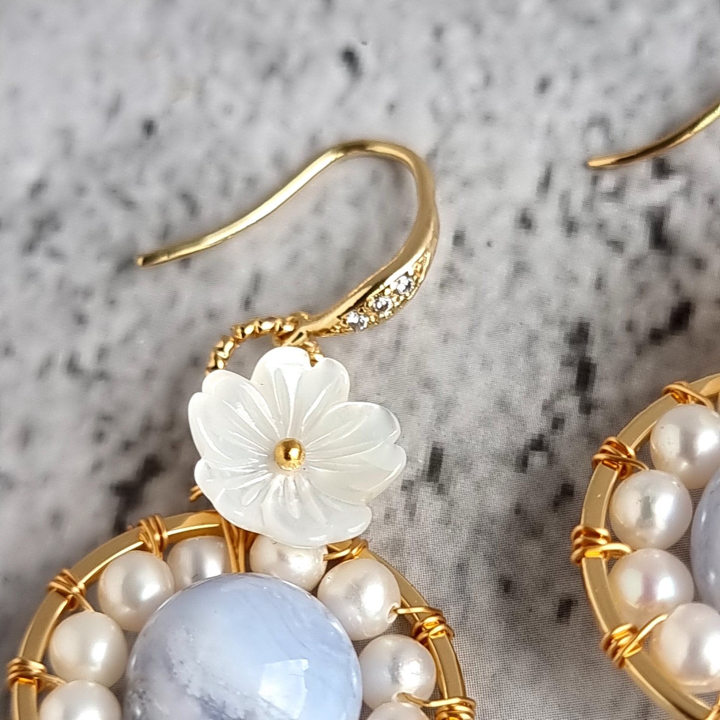 Fresh Water Pearl wrap around Blue Lace Gemstone with Mother of Pearl Flower Earrings