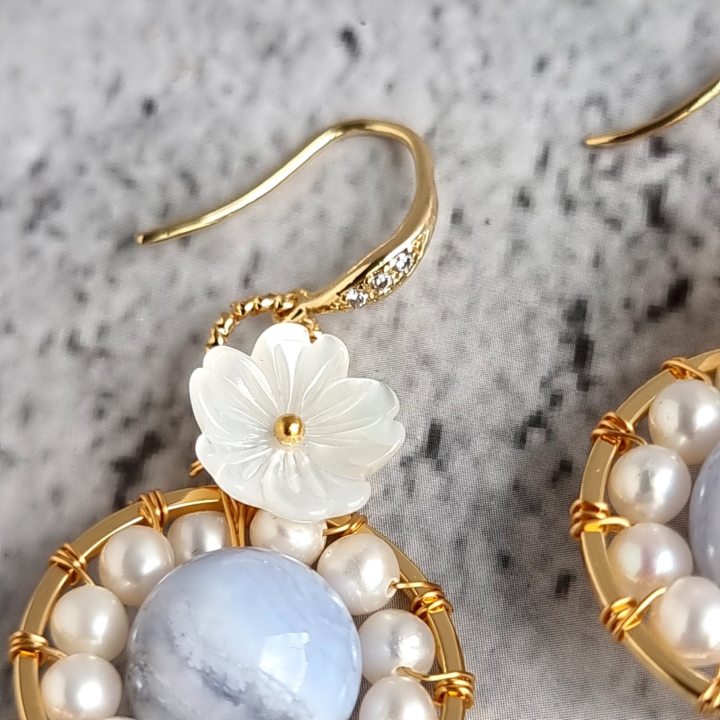 Fresh Water Pearl wrap around Blue Lace Gemstone with Mother of Pearl Flower Earrings
