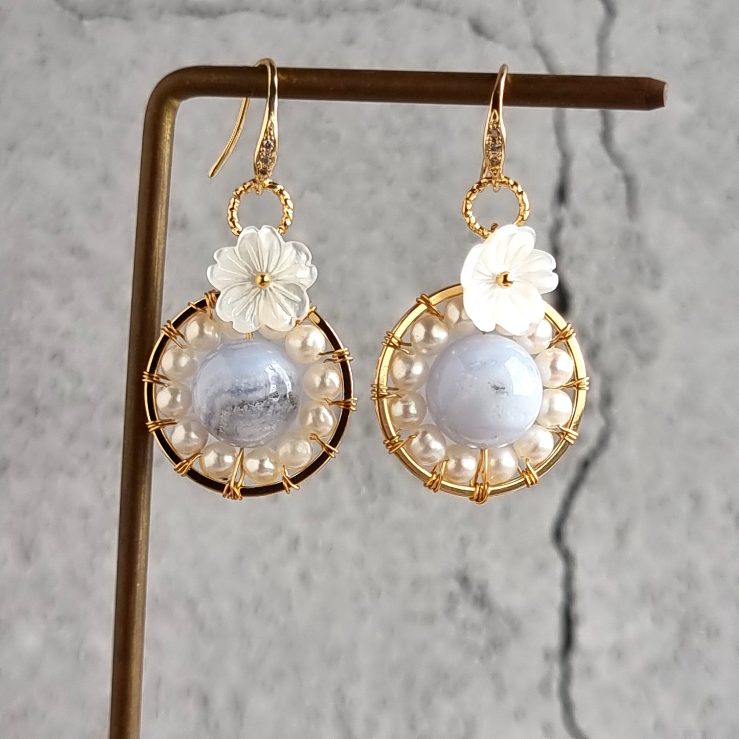 Fresh Water Pearl wrap around Blue Lace Gemstone with Mother of Pearl Flower Earrings