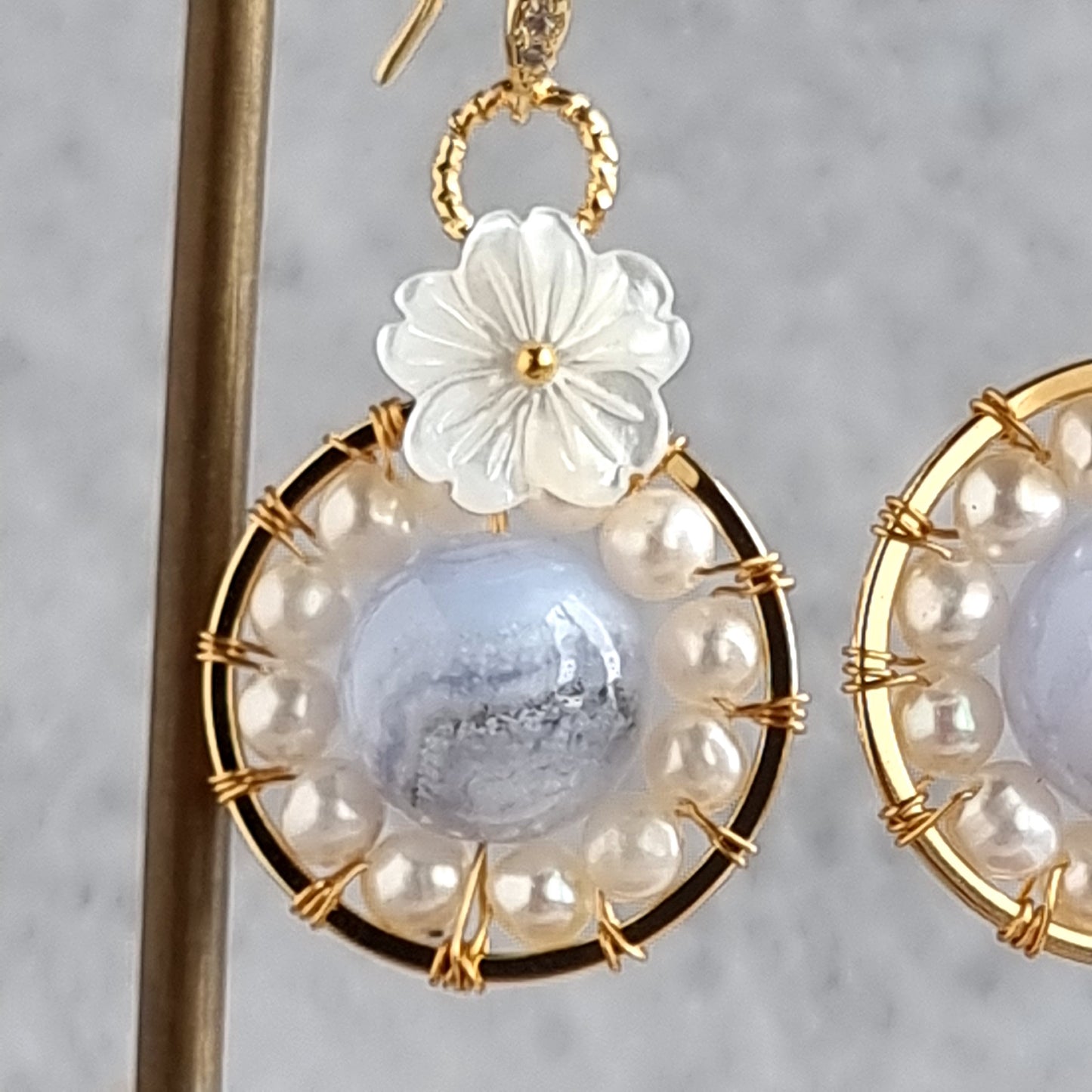 Fresh Water Pearl wrap around Blue Lace Gemstone with Mother of Pearl Flower Earrings