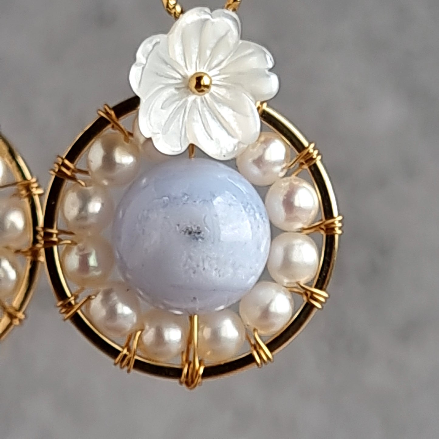 Fresh Water Pearl wrap around Blue Lace Gemstone with Mother of Pearl Flower Earrings