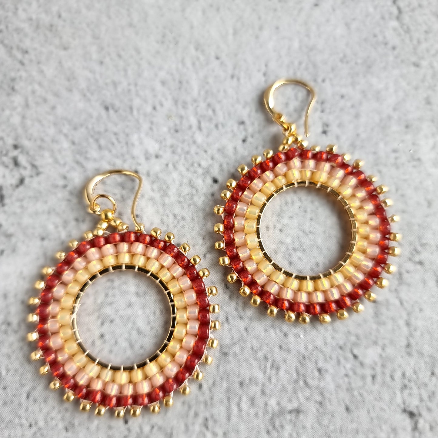 Circular Brick stitch Ombre - Hoop Earrings (Seed Bead) - Red