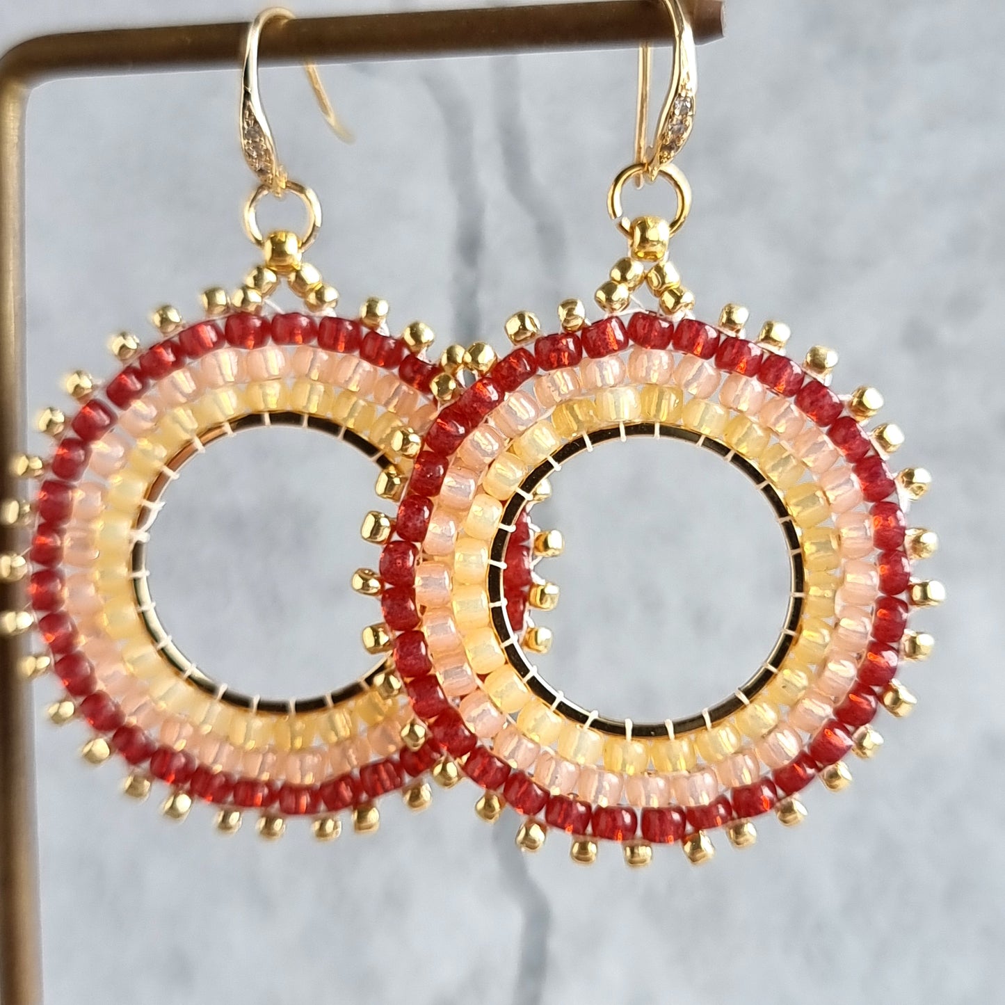 Circular Brick stitch Ombre - Hoop Earrings (Seed Bead) - Red