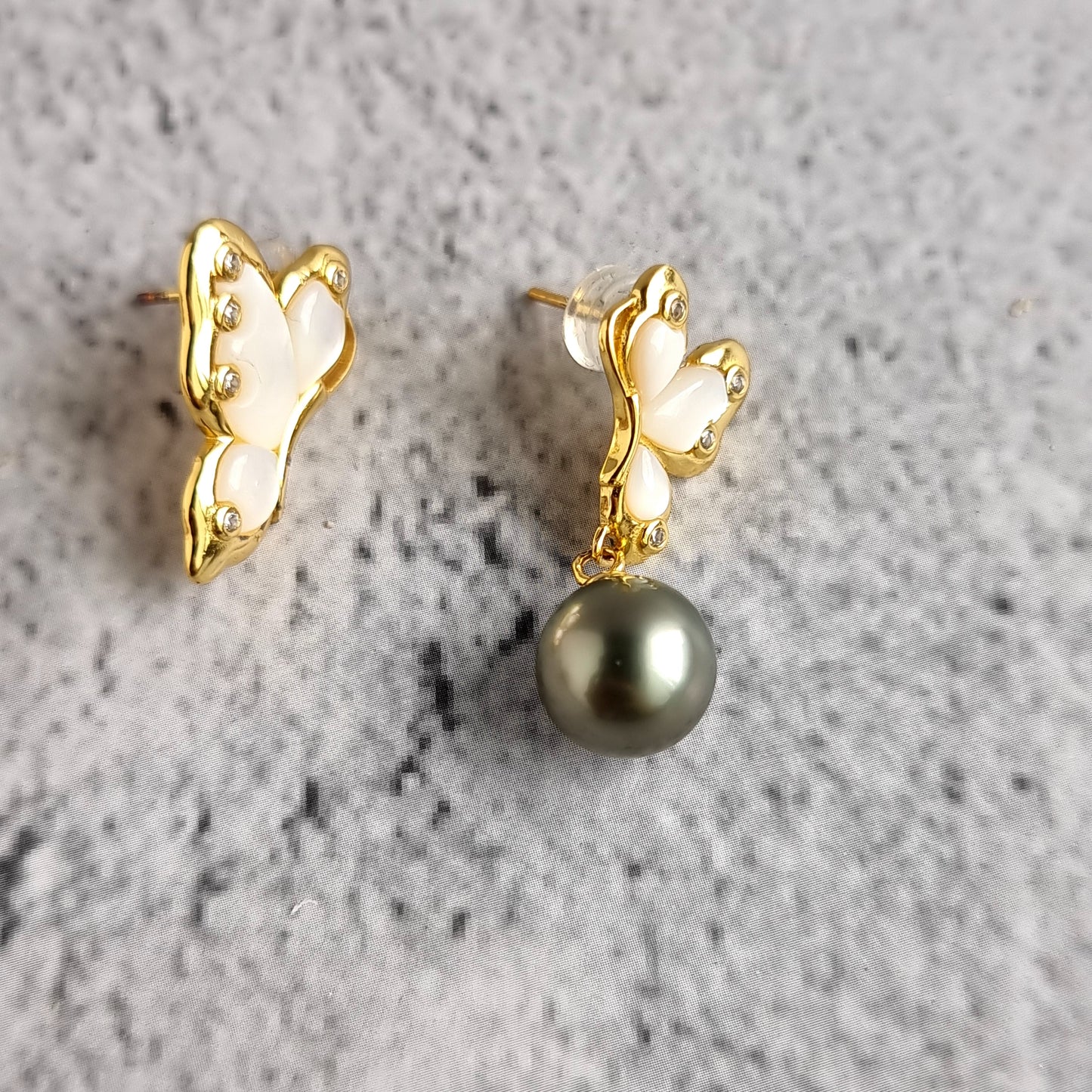 Asymmetrical Shell Pearl with Tahitian Pearl Earrings