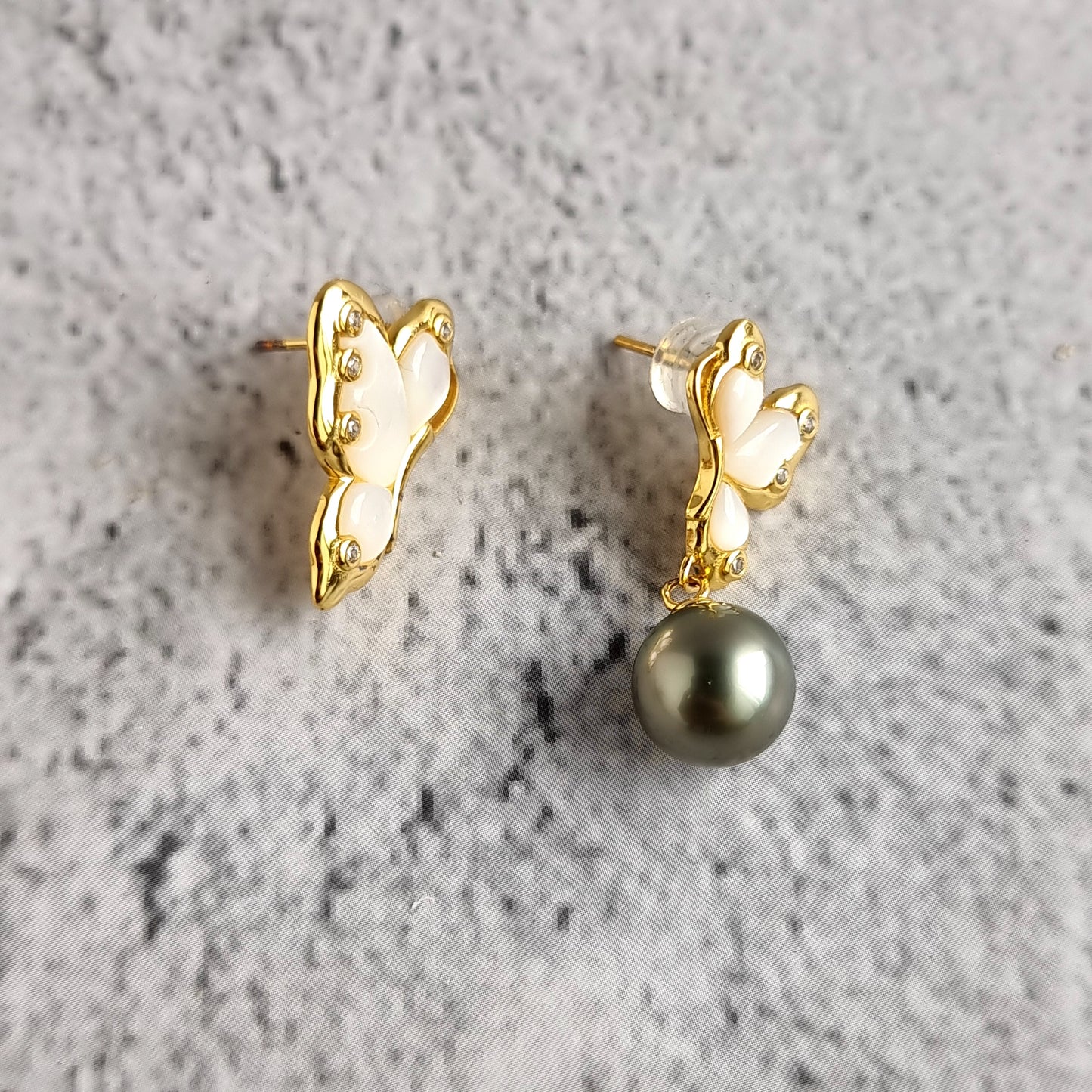 Asymmetrical Shell Pearl with Tahitian Pearl Earrings