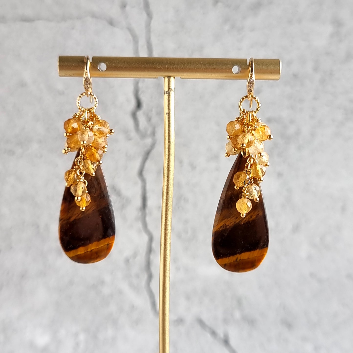 Tiger Eye with Clusters of Citrine Gemstone Earrings
