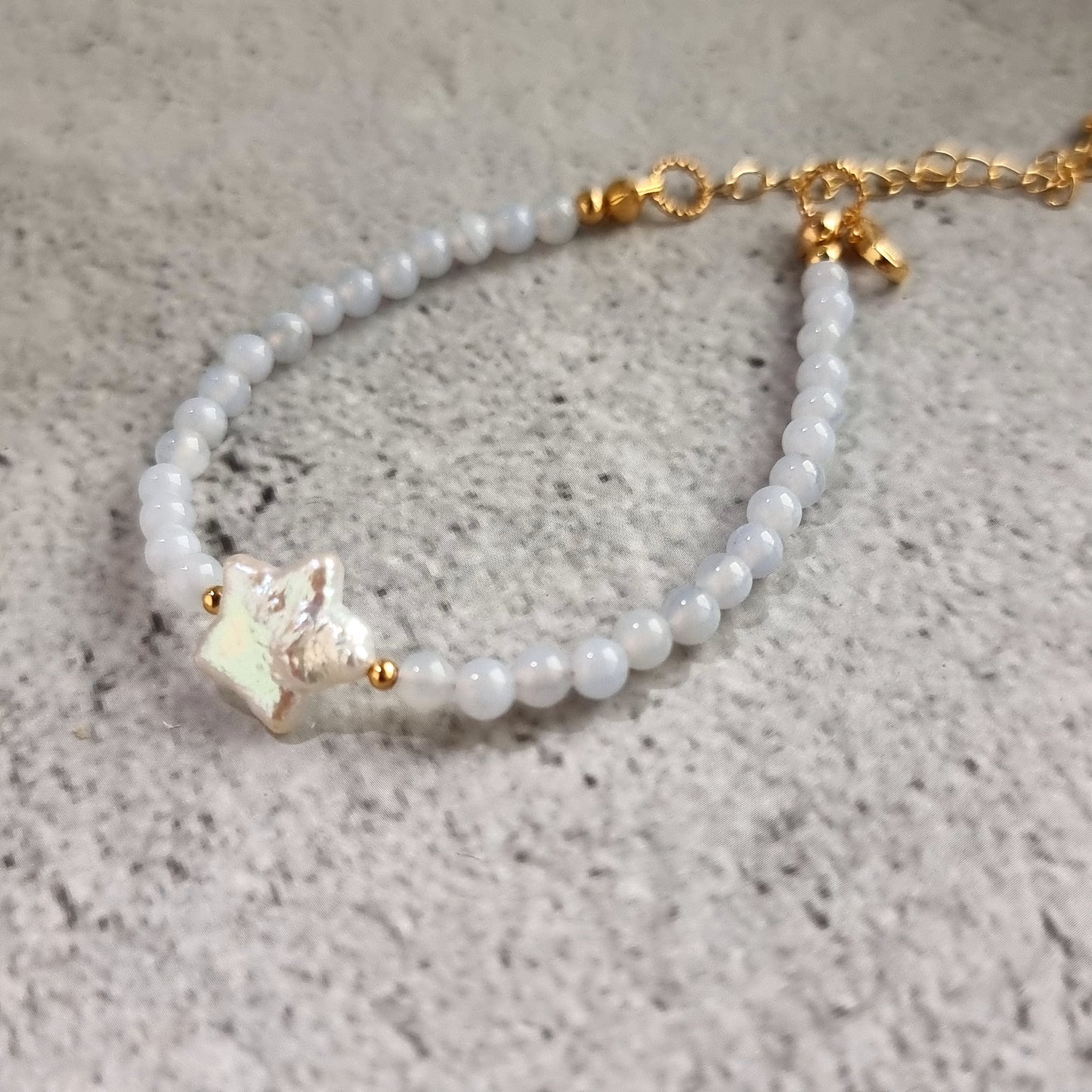 Blue lace Agate Gemstone Bracelet with Star Fresh Water Pearl