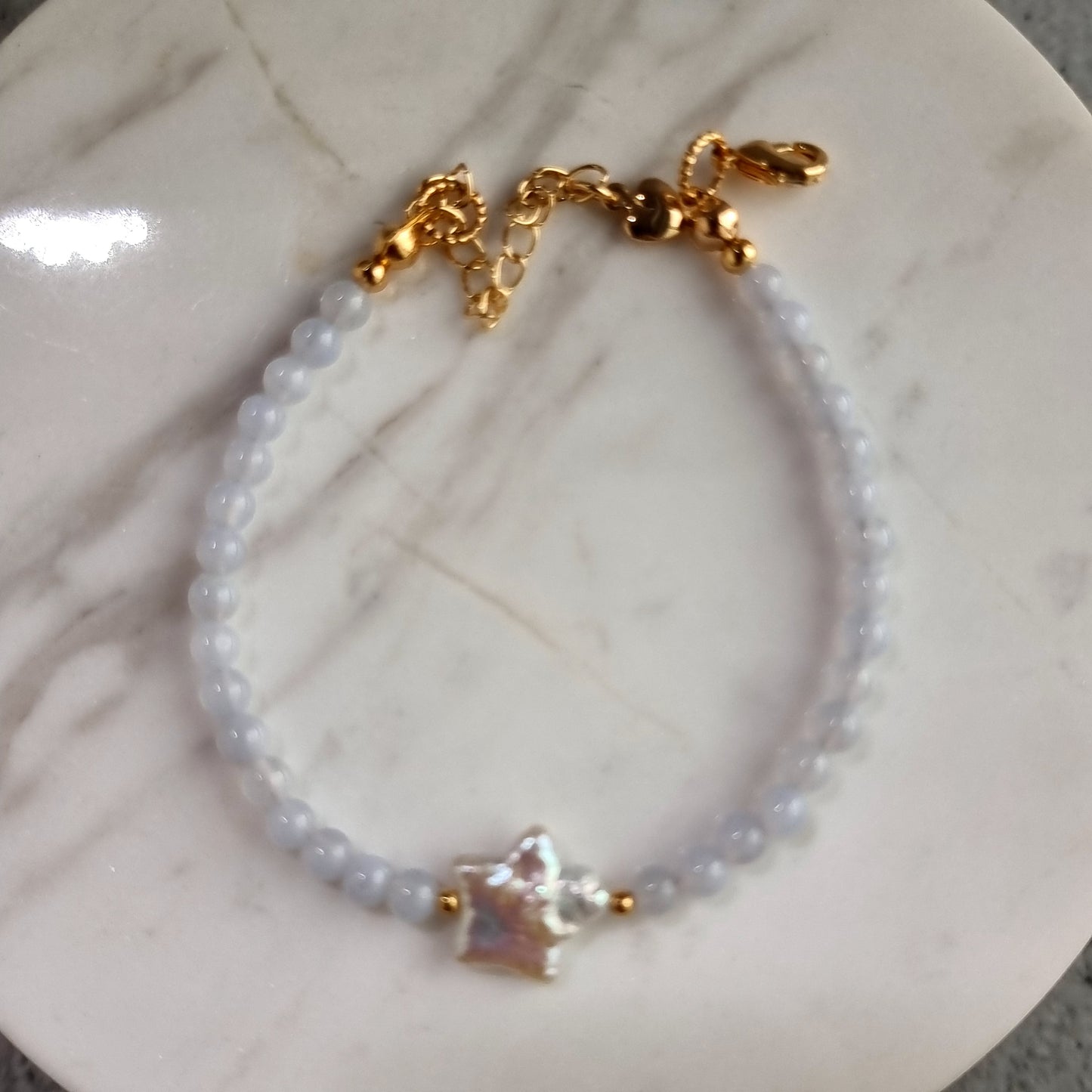 Blue lace Agate Gemstone Bracelet with Star Fresh Water Pearl