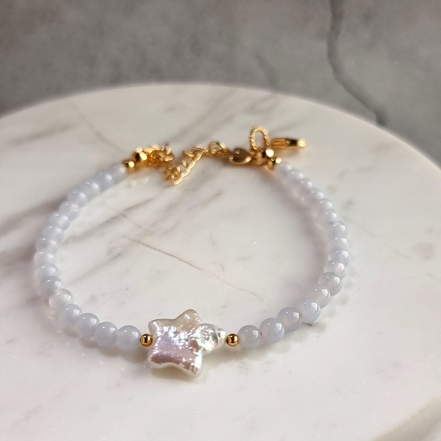 Blue lace Agate Gemstone Bracelet with Star Fresh Water Pearl