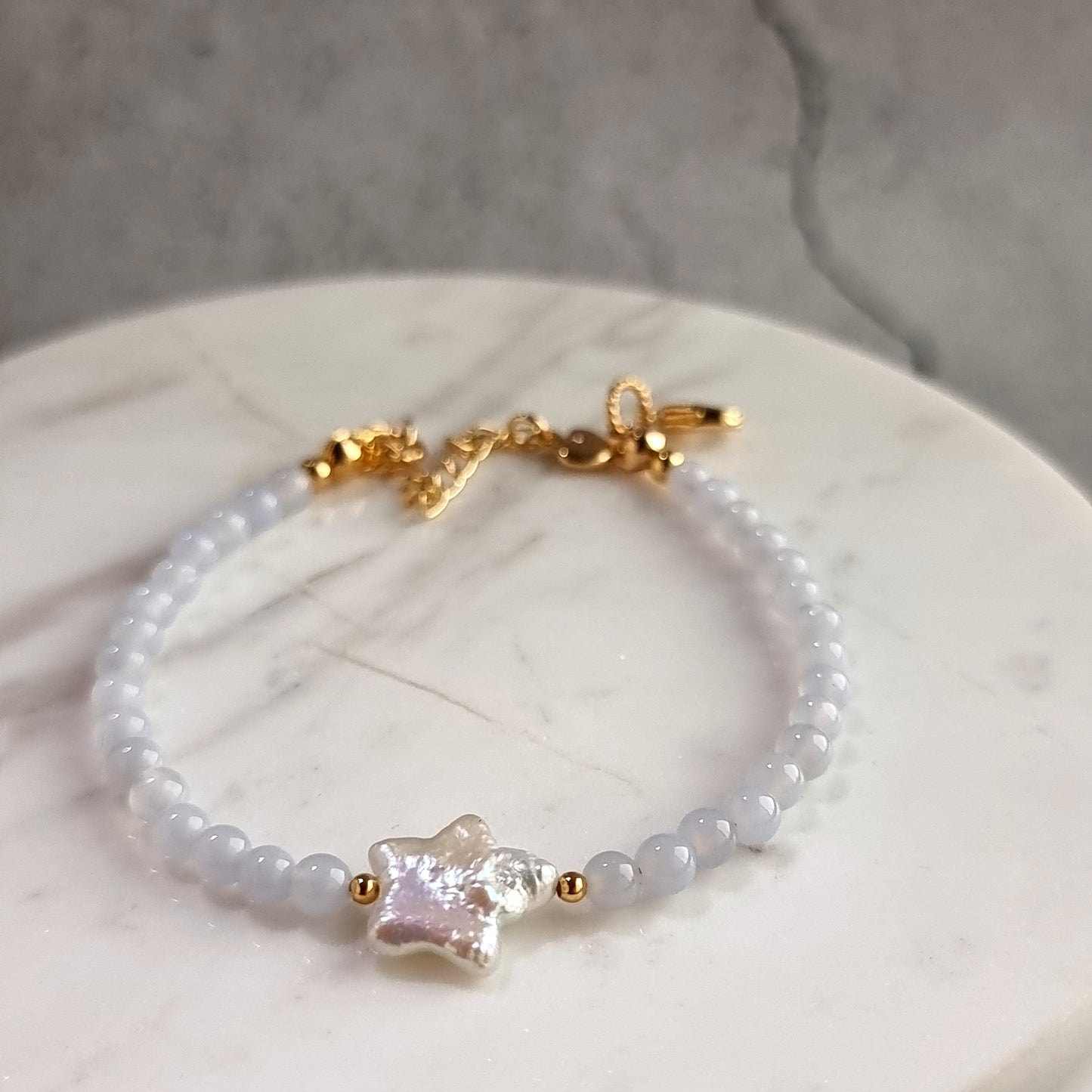 Blue lace Agate Gemstone Bracelet with Star Fresh Water Pearl