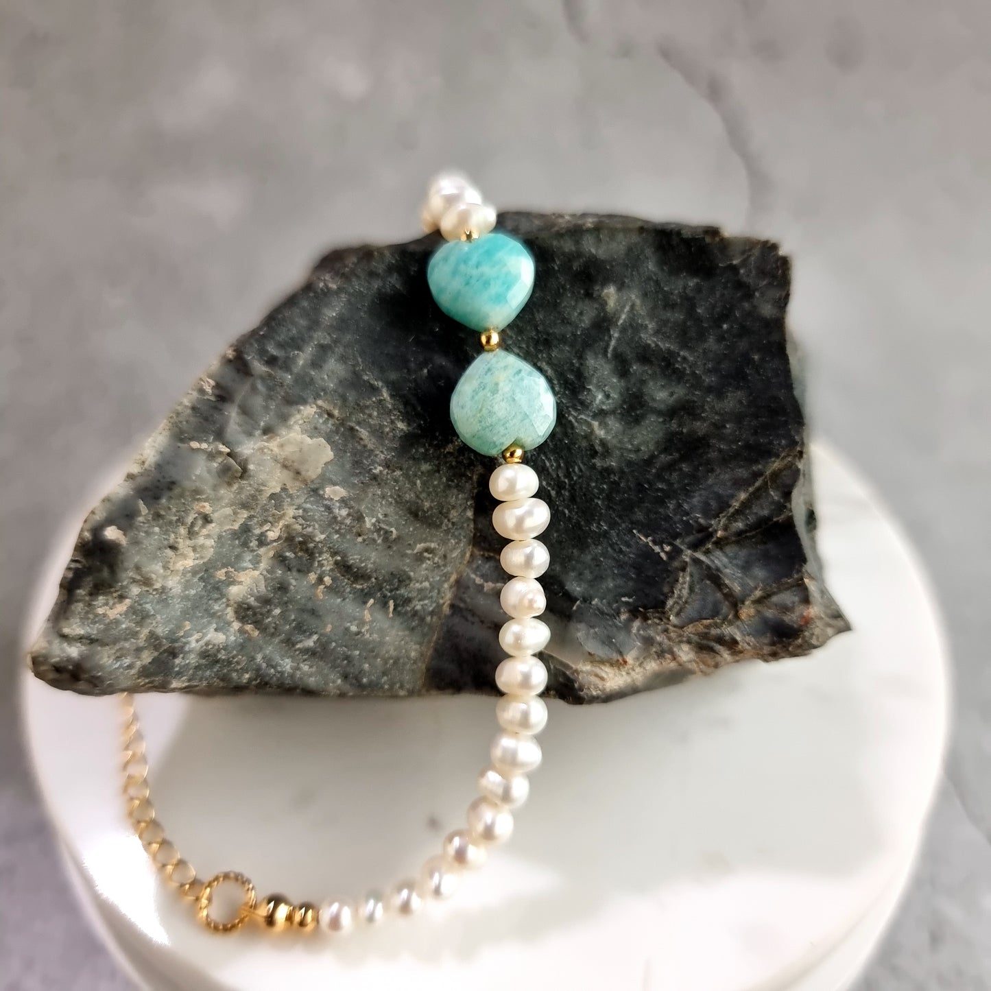 Amazonite Gemstone with Fresh Water Pearl Bracelet