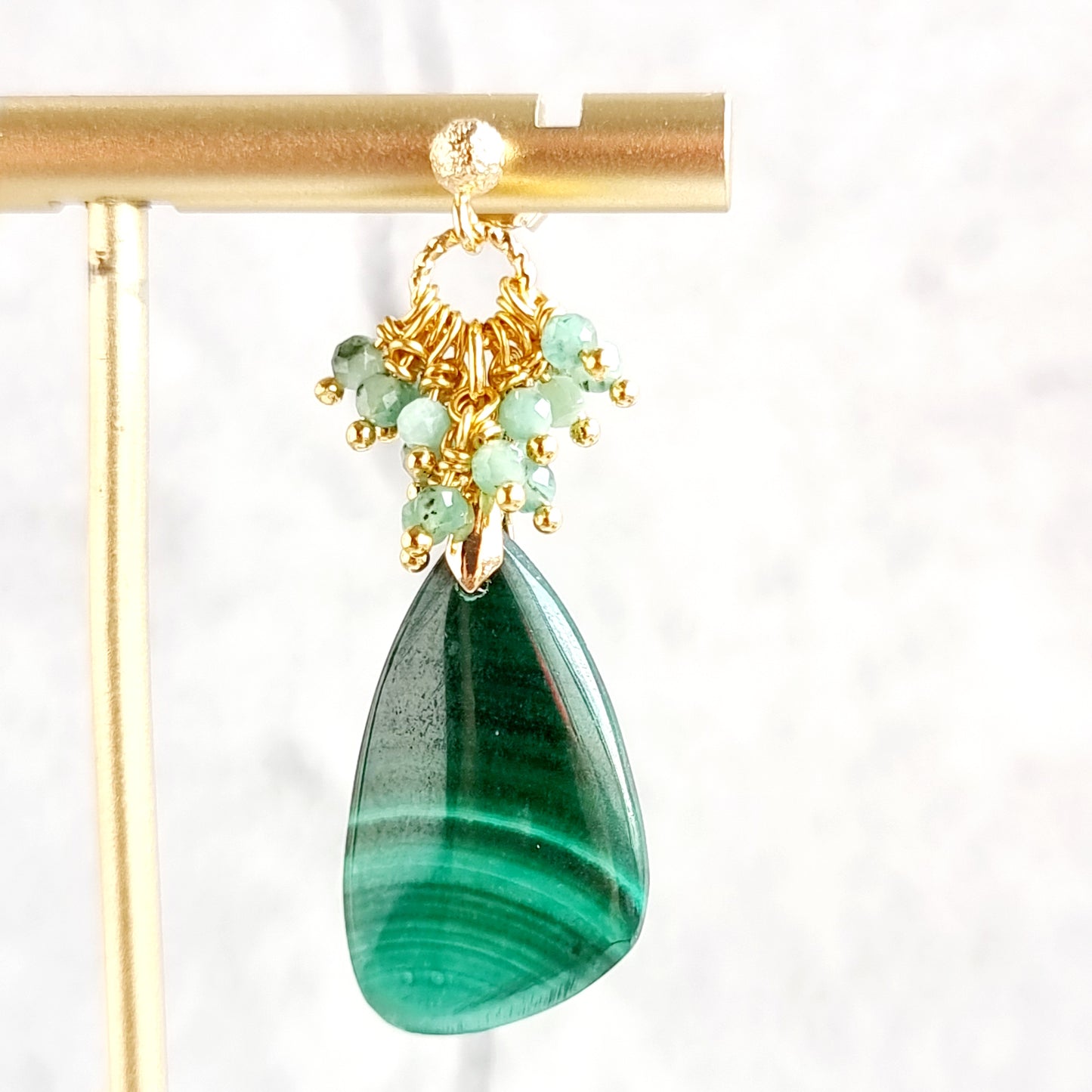 Malachite with cluster of Shaded Emerald Gemstone Earrings