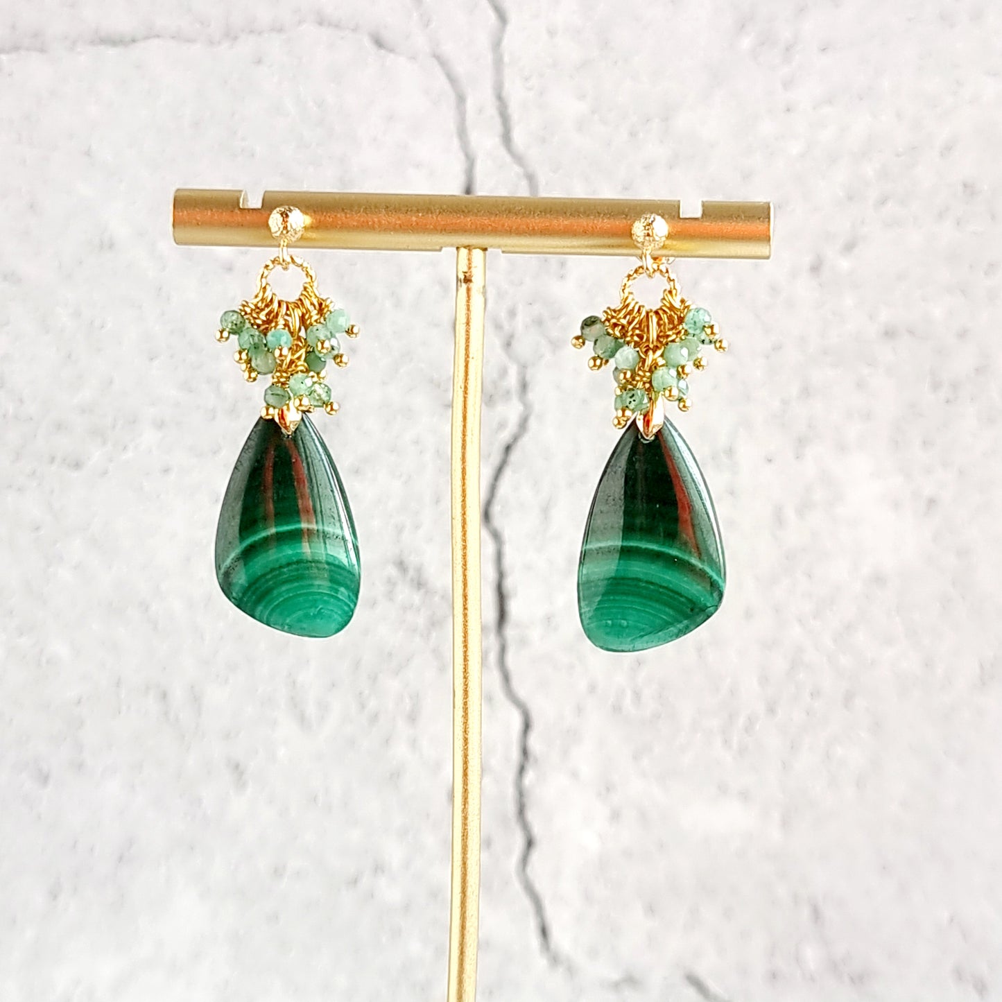 Malachite with cluster of Shaded Emerald Gemstone Earrings