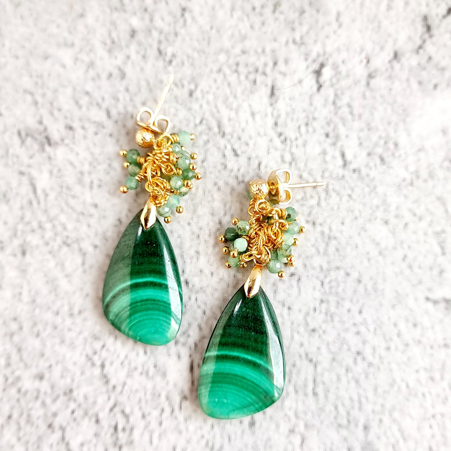 Malachite with cluster of Shaded Emerald Gemstone Earrings