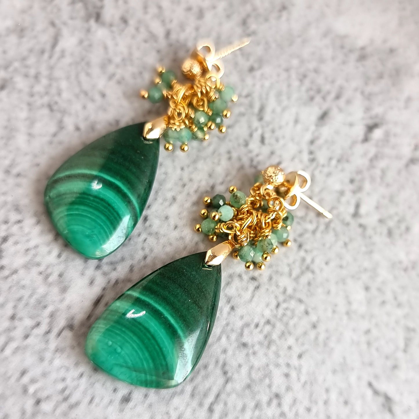 Malachite with cluster of Shaded Emerald Gemstone Earrings