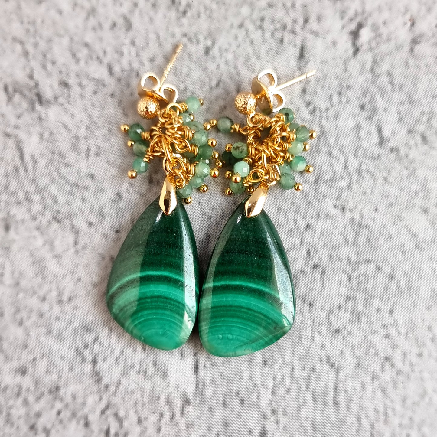 Malachite with cluster of Shaded Emerald Gemstone Earrings