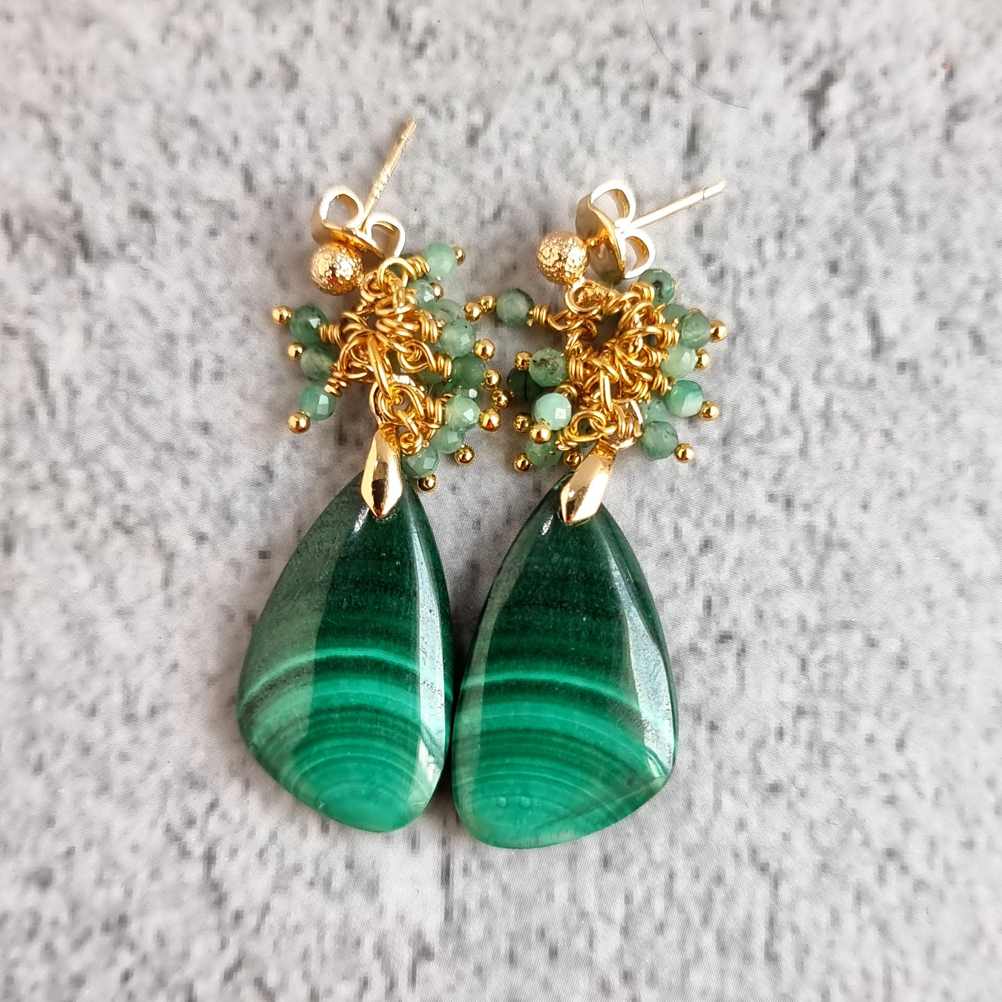Malachite with cluster of Shaded Emerald Gemstone Earrings