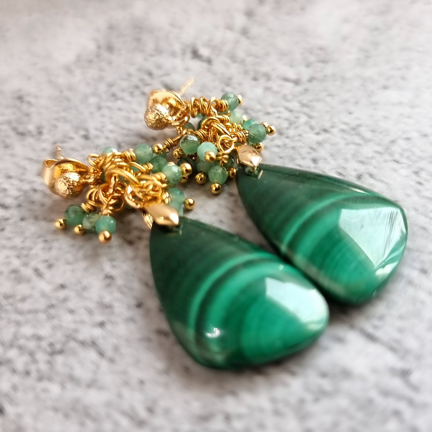 Malachite with cluster of Shaded Emerald Gemstone Earrings