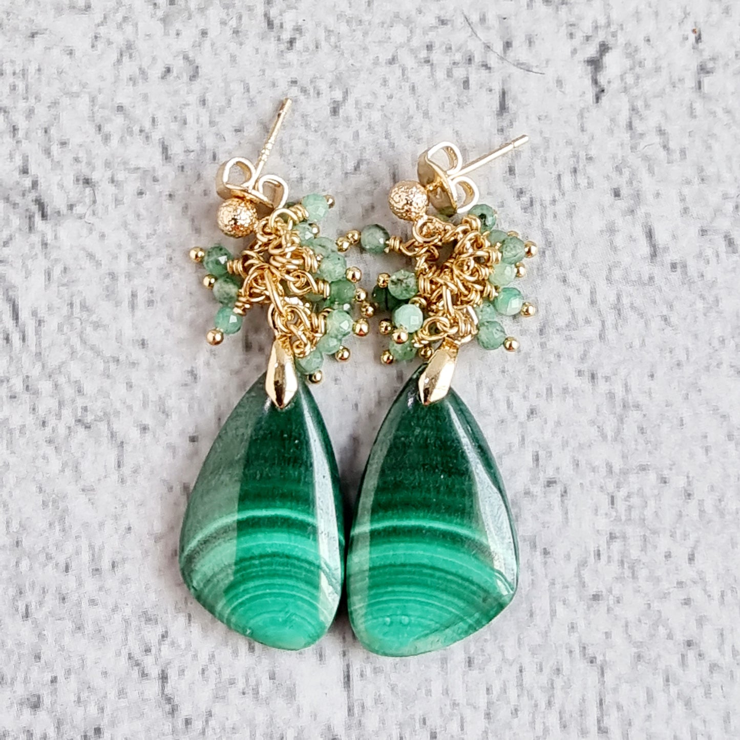 Malachite with cluster of Shaded Emerald Gemstone Earrings
