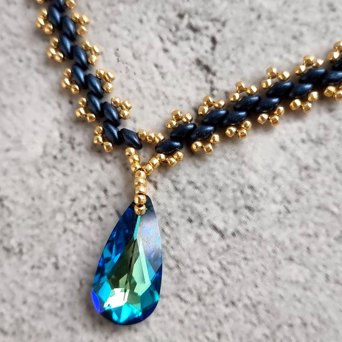 Super Lace Necklace - Super duo with Bermuda Blue Austrian Crystal