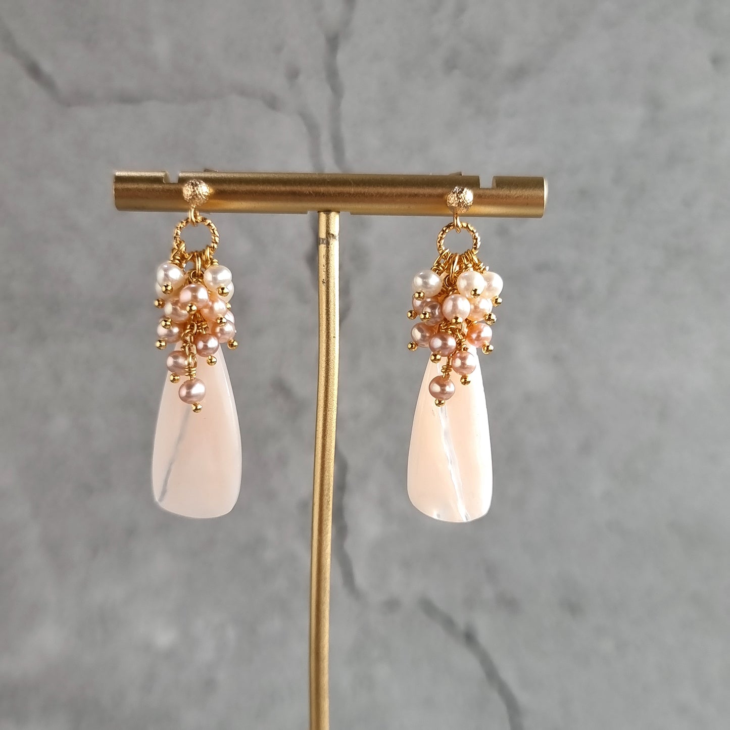 Pink Opal gemstone with cluster of tri color Fresh Water Pearl Earrings