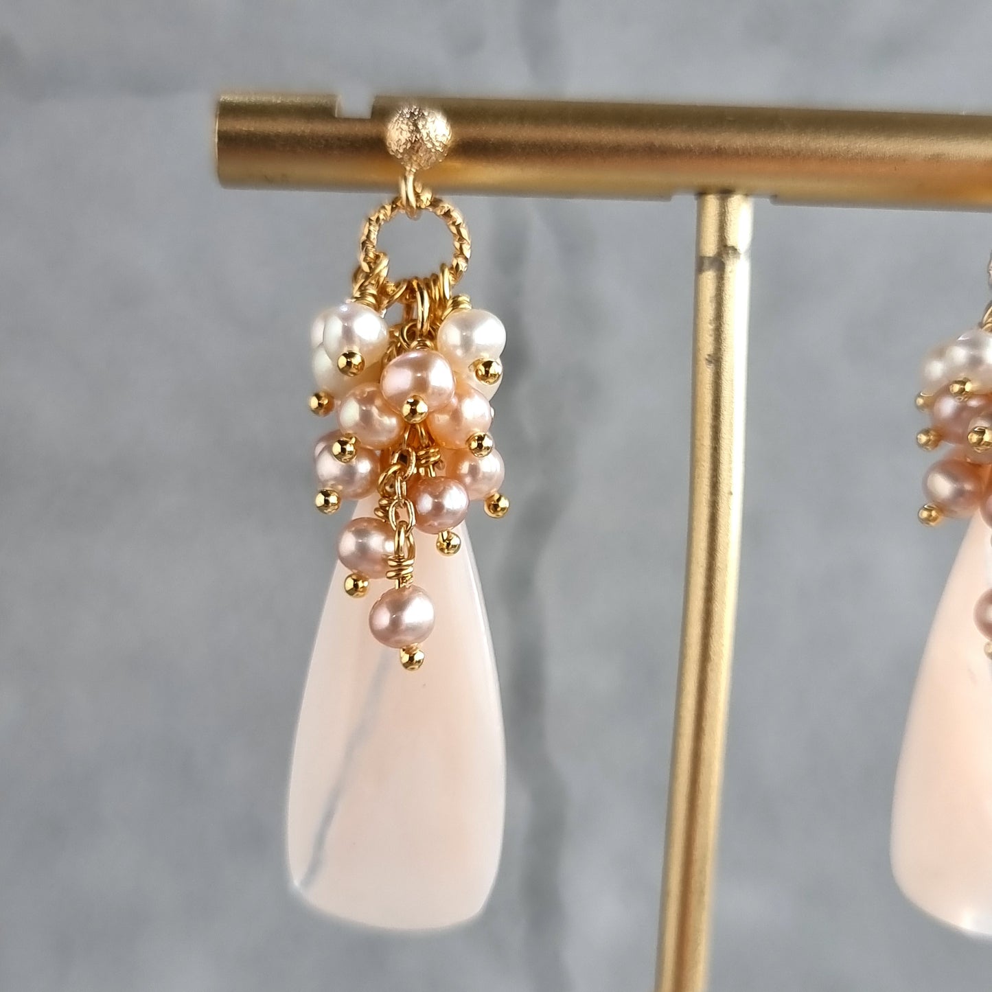 Pink Opal gemstone with cluster of tri color Fresh Water Pearl Earrings