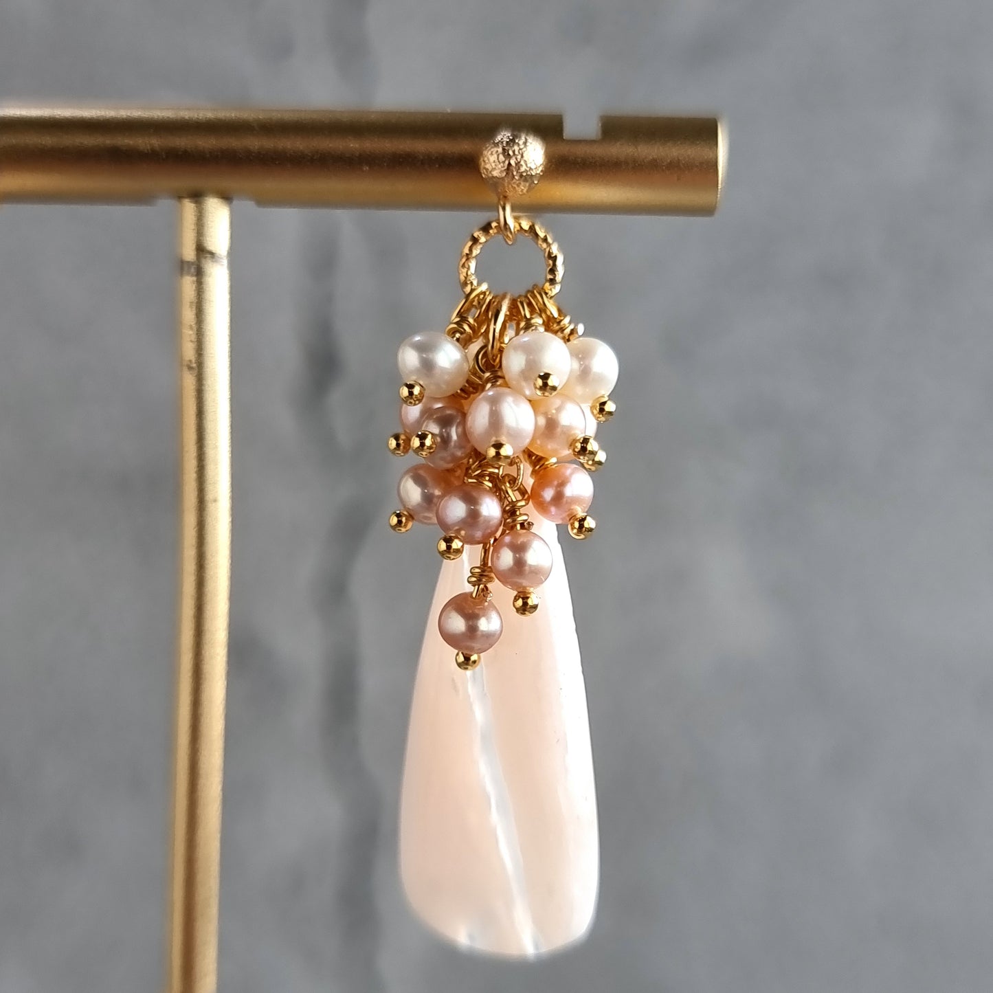 Pink Opal gemstone with cluster of tri color Fresh Water Pearl Earrings