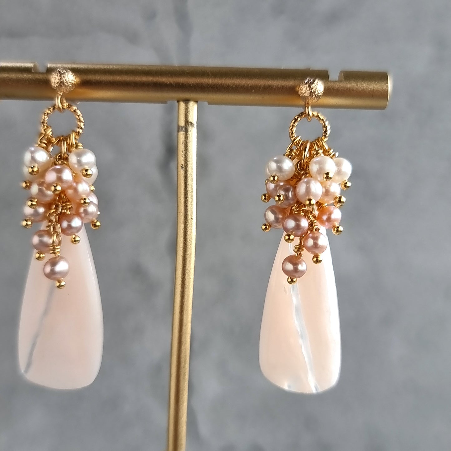 Pink Opal gemstone with cluster of tri color Fresh Water Pearl Earrings