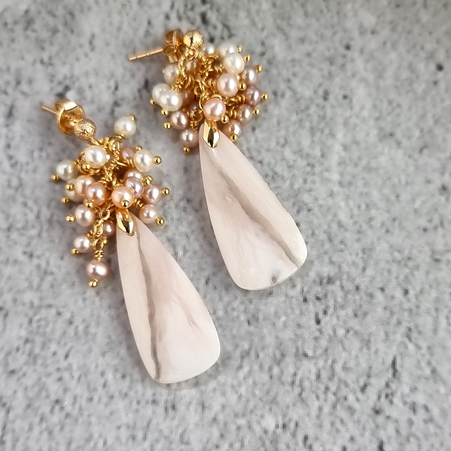 Pink Opal gemstone with cluster of tri color Fresh Water Pearl Earrings