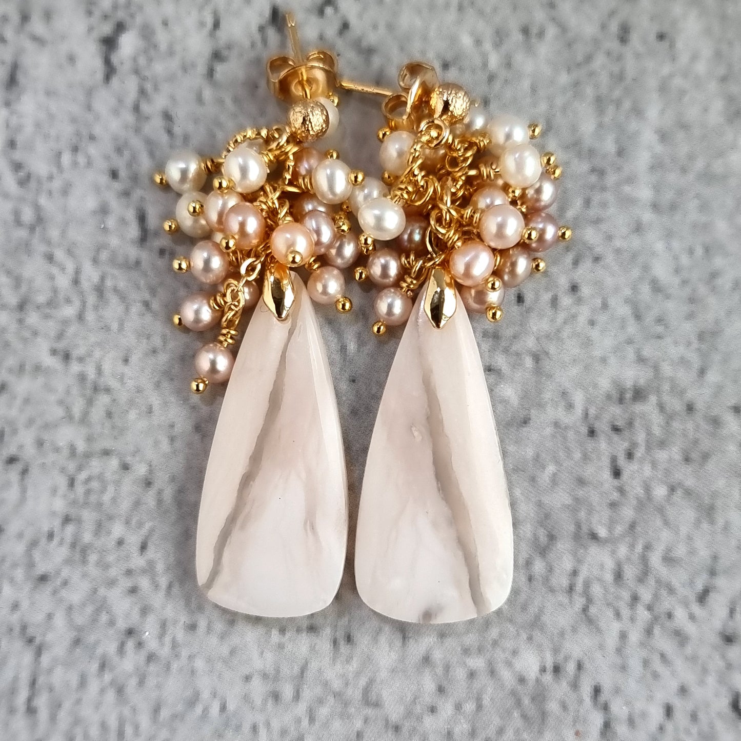 Pink Opal gemstone with cluster of tri color Fresh Water Pearl Earrings