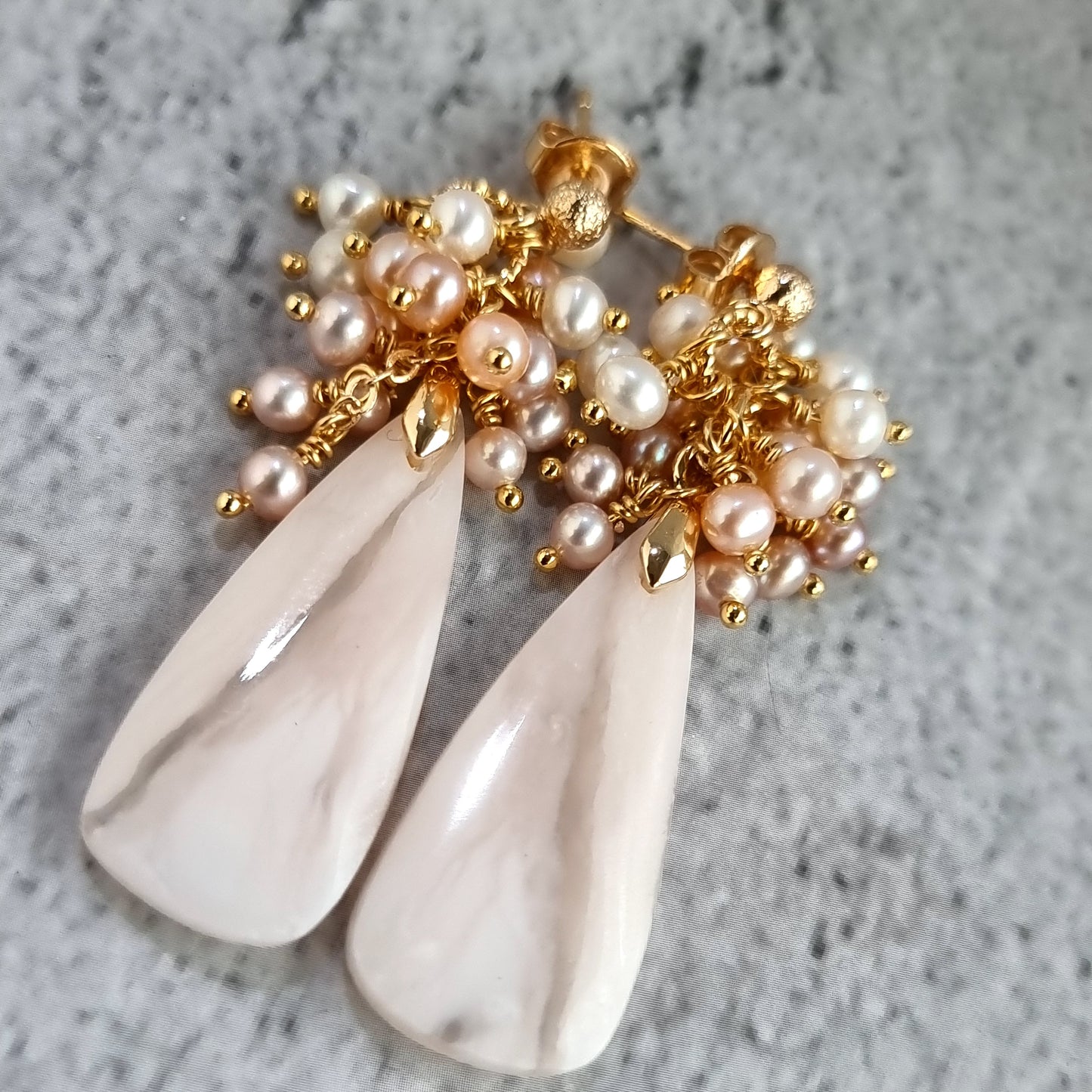 Pink Opal gemstone with cluster of tri color Fresh Water Pearl Earrings