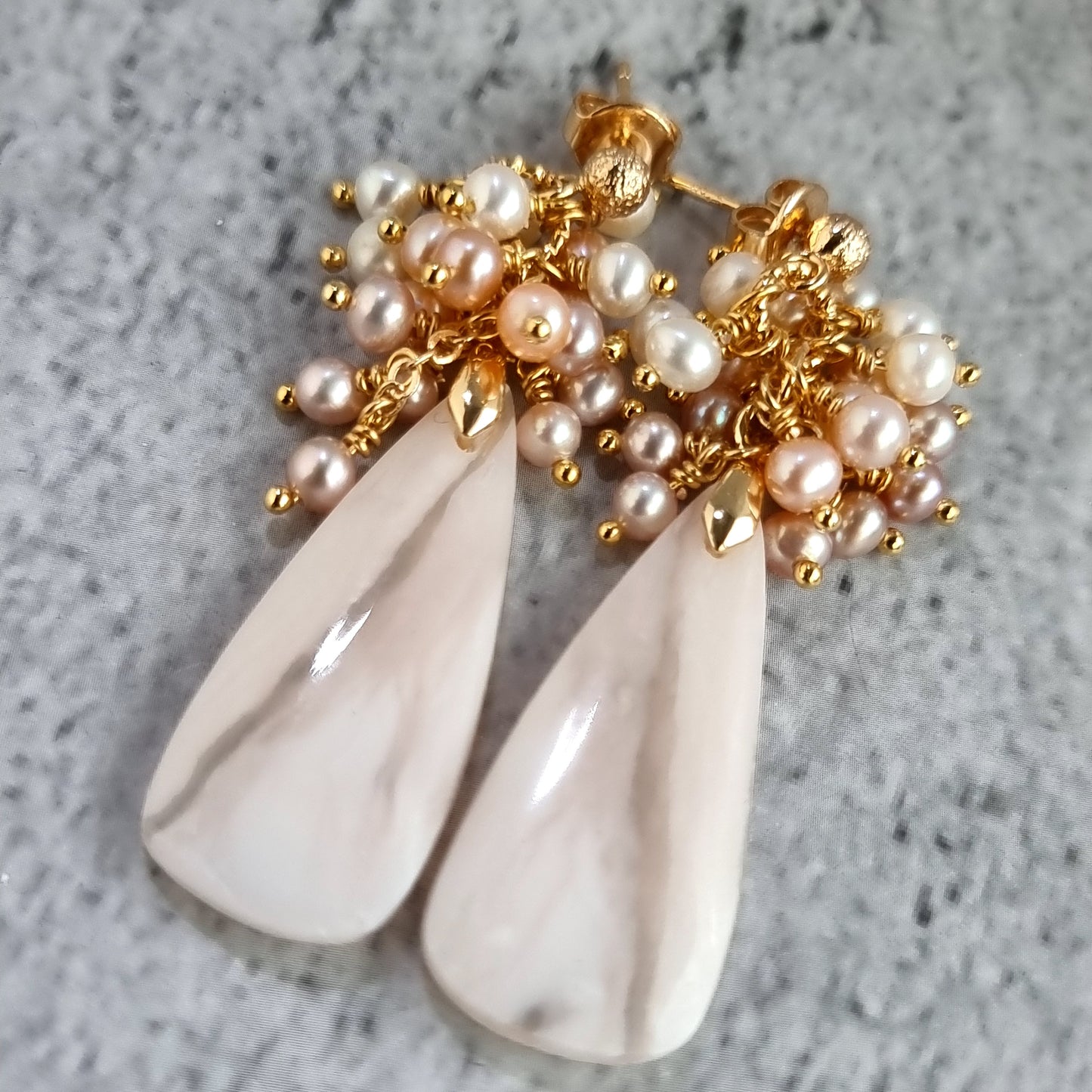 Pink Opal gemstone with cluster of tri color Fresh Water Pearl Earrings