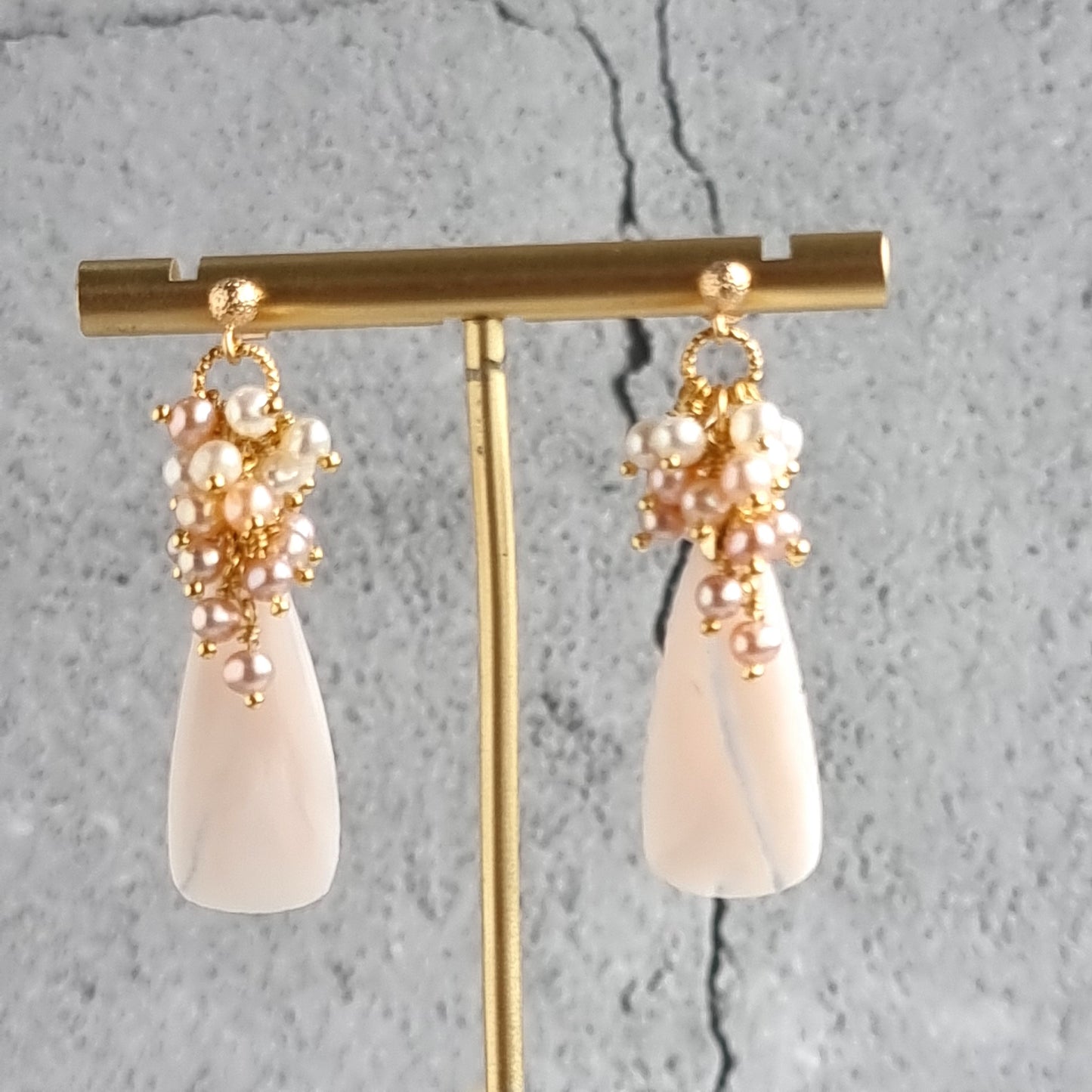 Pink Opal gemstone with cluster of tri color Fresh Water Pearl Earrings