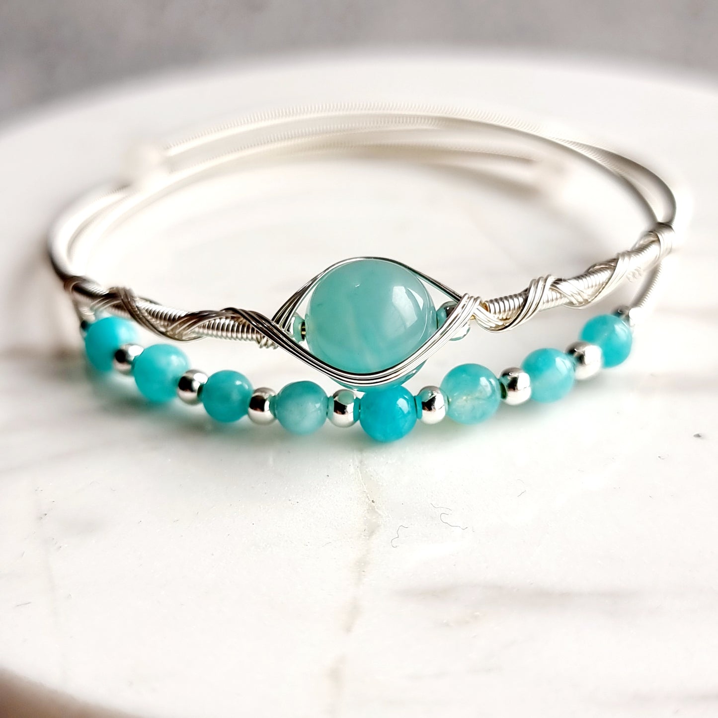 Double Wire Wrap Gemstone Bracelet - Amazonite