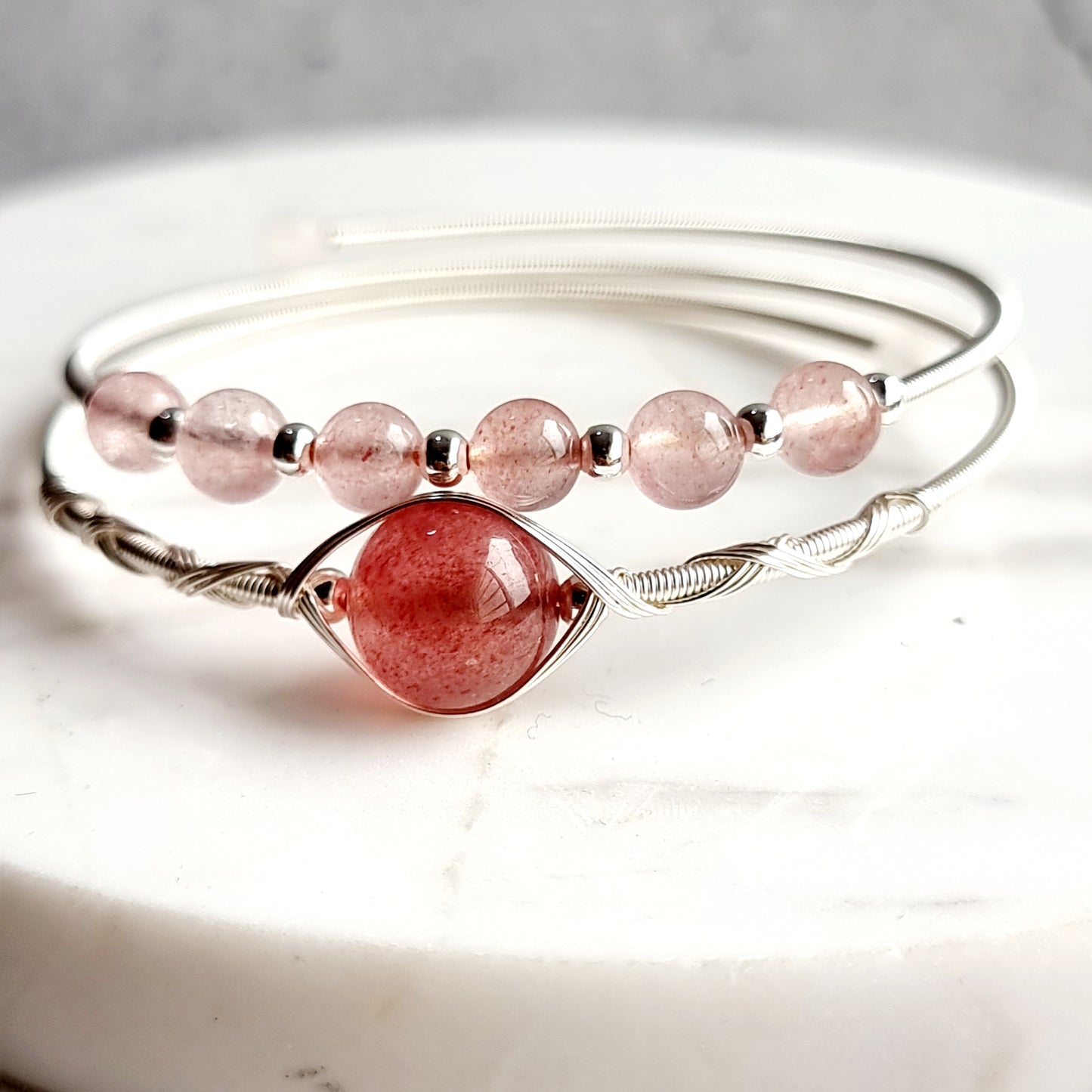Double Wire Wrap Gemstone Bracelet - Strawberry Quartz