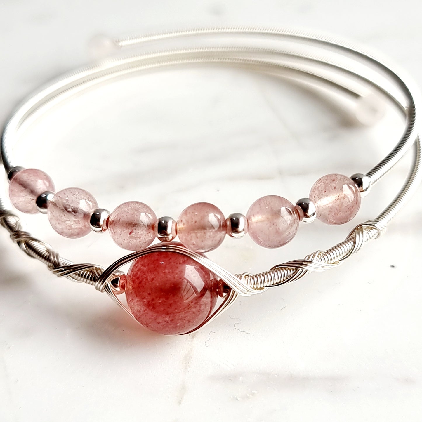 Double Wire Wrap Gemstone Bracelet - Strawberry Quartz