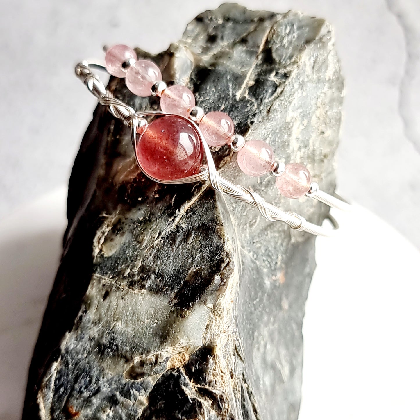 Double Wire Wrap Gemstone Bracelet - Strawberry Quartz