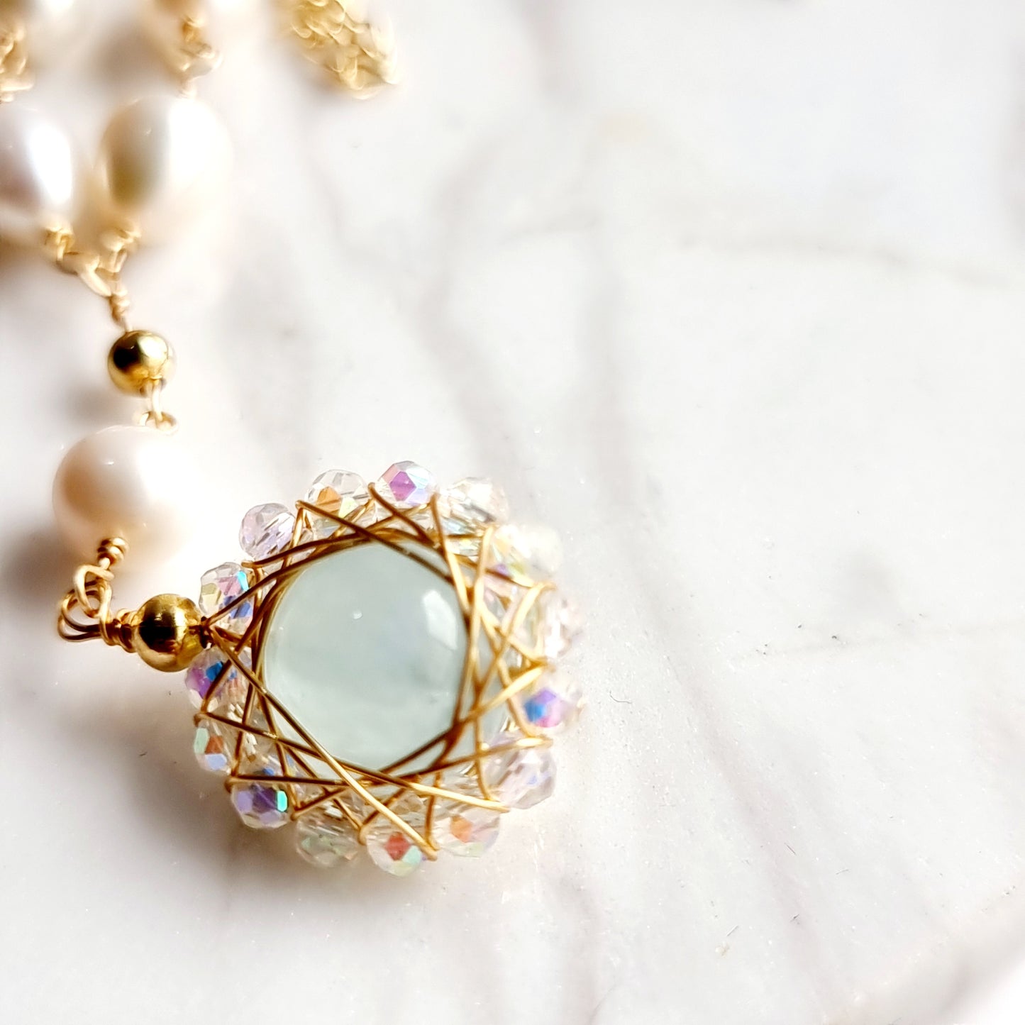 Fresh Water Pearl with wrapped Aquamarine Gemstone Pendant Necklace