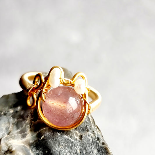 Strawberry Quartz & Fresh Water Pearl Cat Wire Wrap Ring