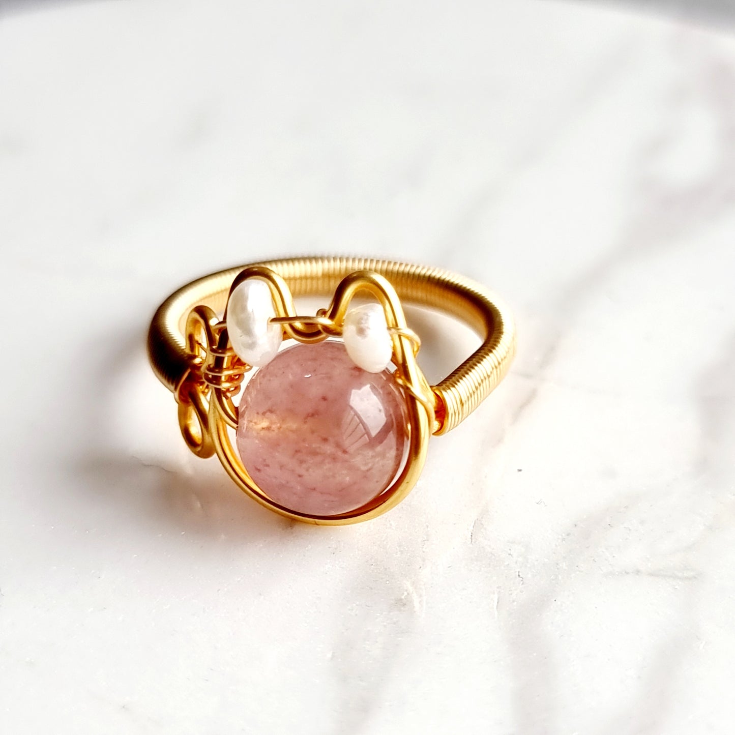 Strawberry Quartz & Fresh Water Pearl Cat Wire Wrap Ring