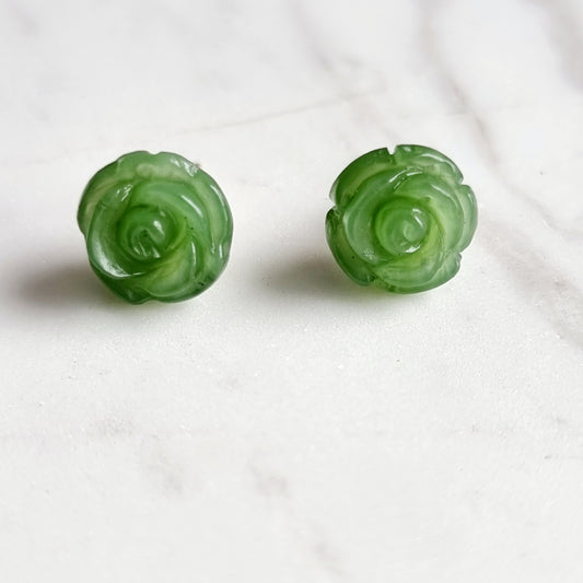 Natural Heitian Jade Carved Rose with 14k stud