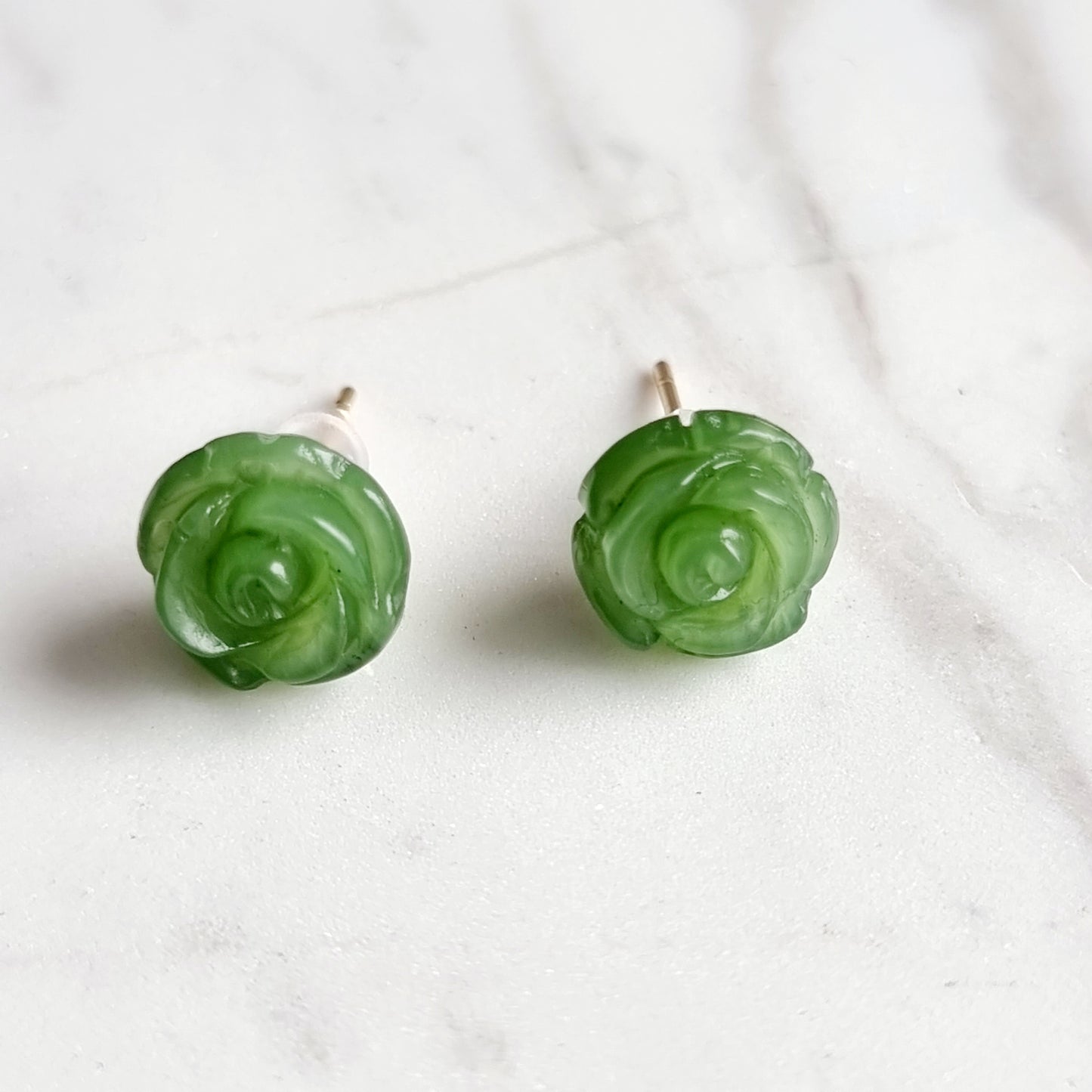 Natural Heitian Jade Carved Rose with 14k stud